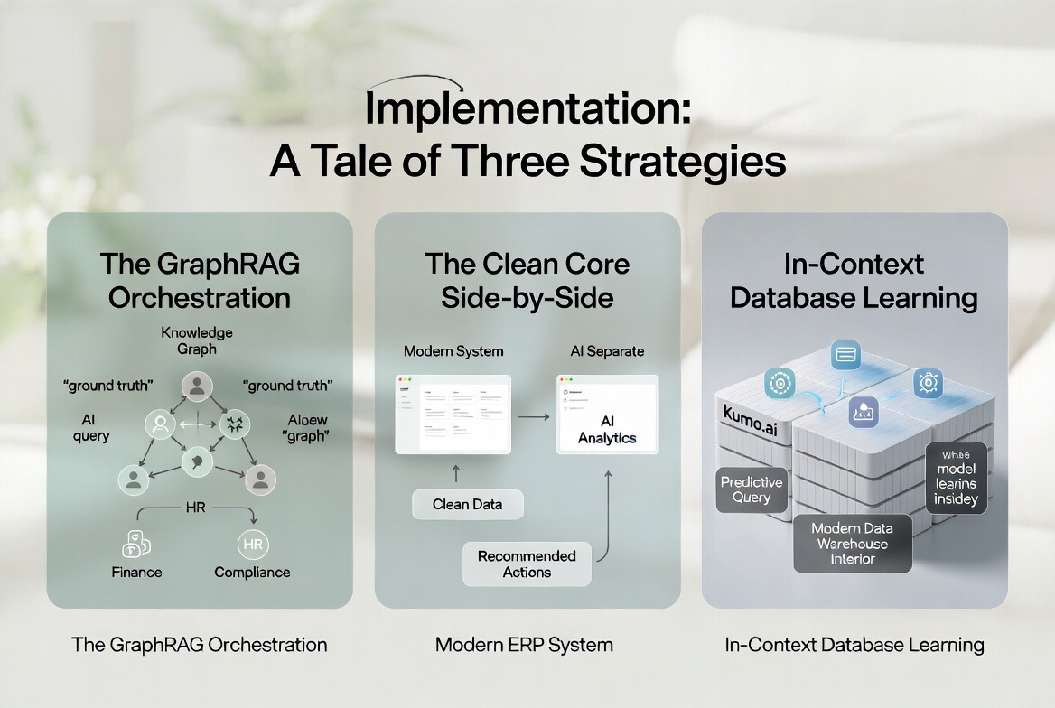 Implementation strategies: GraphRAG Orchestration, Clean Core Side-by-Side, In-Context Database Learning