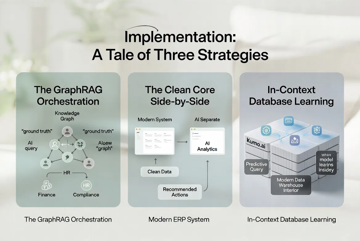 Implementation strategies: GraphRAG Orchestration, Clean Core Side-by-Side, In-Context Database Learning